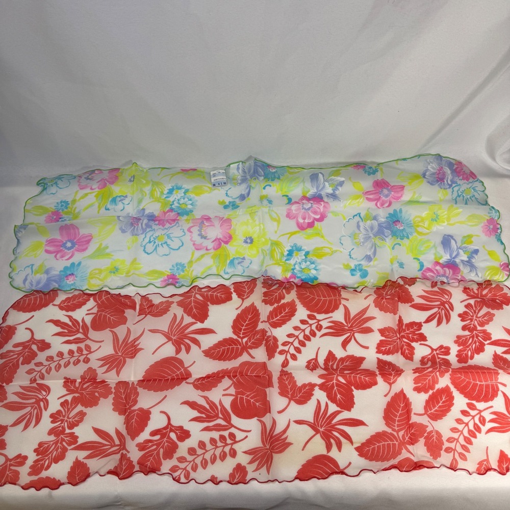 Vintage 90s Sheer Nylon Scarf Set Floral Red Leaf Lettuce Edge Made in USA NEW
